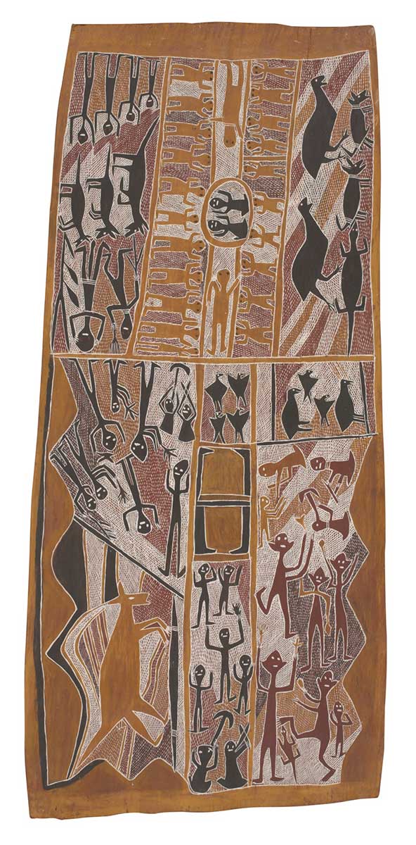 A bark painting worked with ochres on bark. The painting is divided into two sections with the lower one having a scalloped edge. The painting depicts people singing and playing as well as a kangaroo, birds and bats. The upper section has two long panels featuring yellow figures in rows. The lower panel depicts a dog, a lizard, hunters and birds. - click to view larger image