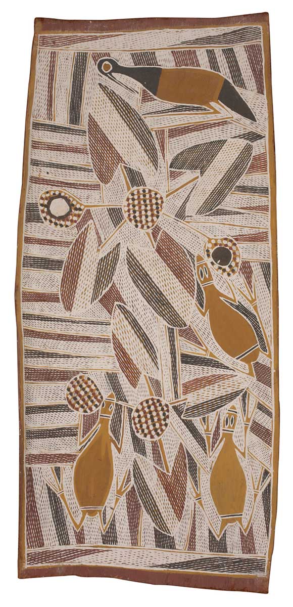 A bark painting worked with ochres on bark. It depicts three yellow frogs, a bird and flower-like features with spotted centres and oval shapes around them. The painting has a background of vertical and horizontal crosshatched designs in red, white and black. - click to view larger image