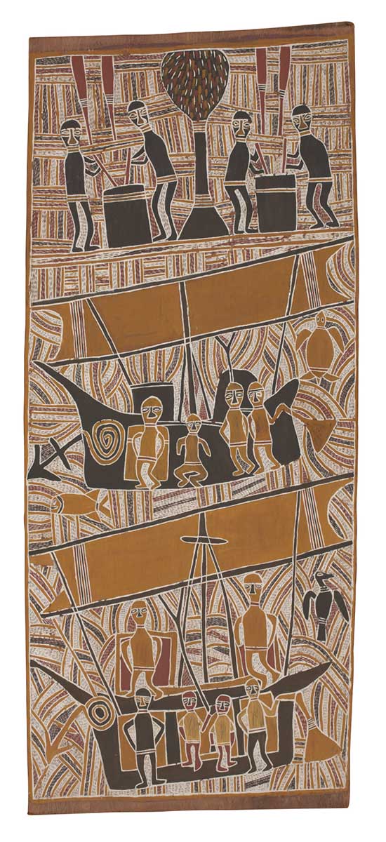 A bark painting worked with ochres that is divided into three section. The middle and lower sections depict two ships with sails, each with human figures on board. The sails define the edge of each section. At the top of the painting there are two pairs of human figures each stirring the contents of large pots. There is a tree in the centre of this section. - click to view larger image
