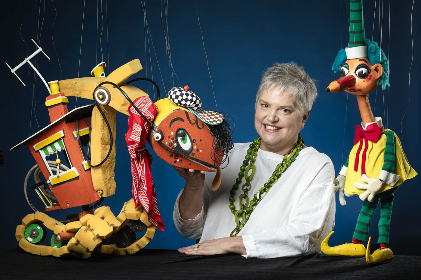 Rebecca Hetherington with Bill Steamshovel and Mr Squiggle.