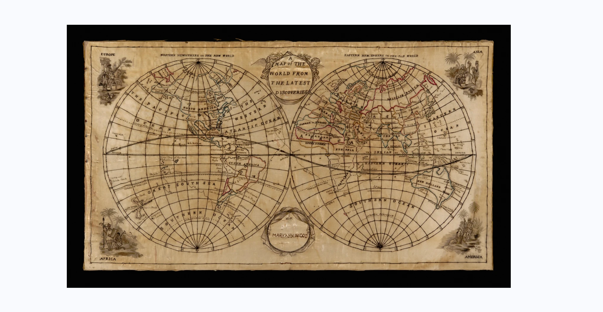  A silk embroidery depicting a double hemisphere map of the world on silk fabric, backed with cotton fabric and mounted on wooden stretchers accompanied by a rectangular wooden frame. The embroidery is titled 'A / MAP of THE / WORLD FROM / THE LATEST / DISCOVERIES', and signed 'MARY ANN WOOD'. In each corner on the map are images labelled 'ASIA', 'AMERICA', 'AFRICA' and 'EUROPE'. The frame features traces of gold paint on the front, and remnants of newspapers as well as two metal loops and rings attached to the back. Accompanying the frame is an assortment of metal nails.