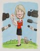 Illustration of a smiling Maxine McKew holding a baby she has just kissed, while standing in front of cameras and the media, with John Howard in the background on a park bench feeding the pigeons.