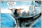 Cartoon parodying the 'Titanic' movie, showing Peter Costello standing on bow of ship with arms outstretched, saying 'I'll be king of the world!' John Howard is holding onto to him from behind.