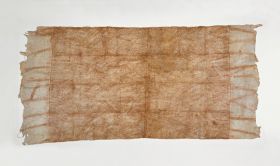 Glazed barkcloth decorated with a pattern of diagonal brown lines.