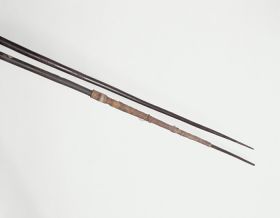 Wooden spears that are thin at the lower end and gradually thicken to an engraved pattern. One spear is bound near the point with bark cloth.
