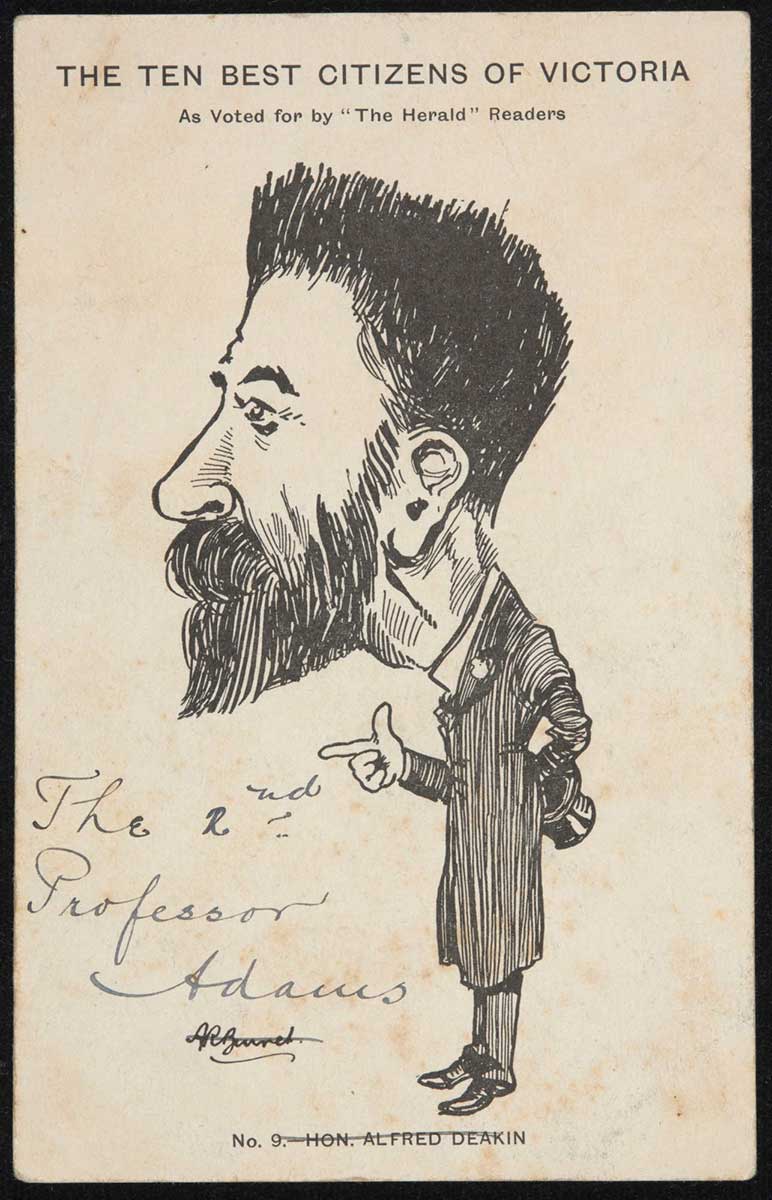 A postcard featuring a black and white cartoon depiction of a bearded man. - click to view larger image