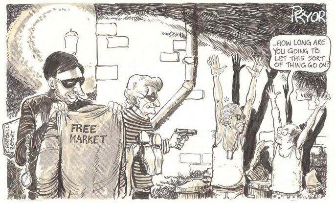 Cartoon representing Hawke and Keating as muggers holding up Andrew Peacock and John Howard. Peacock asks Howard: ‘How long are you going to let this sort of thing go on?’