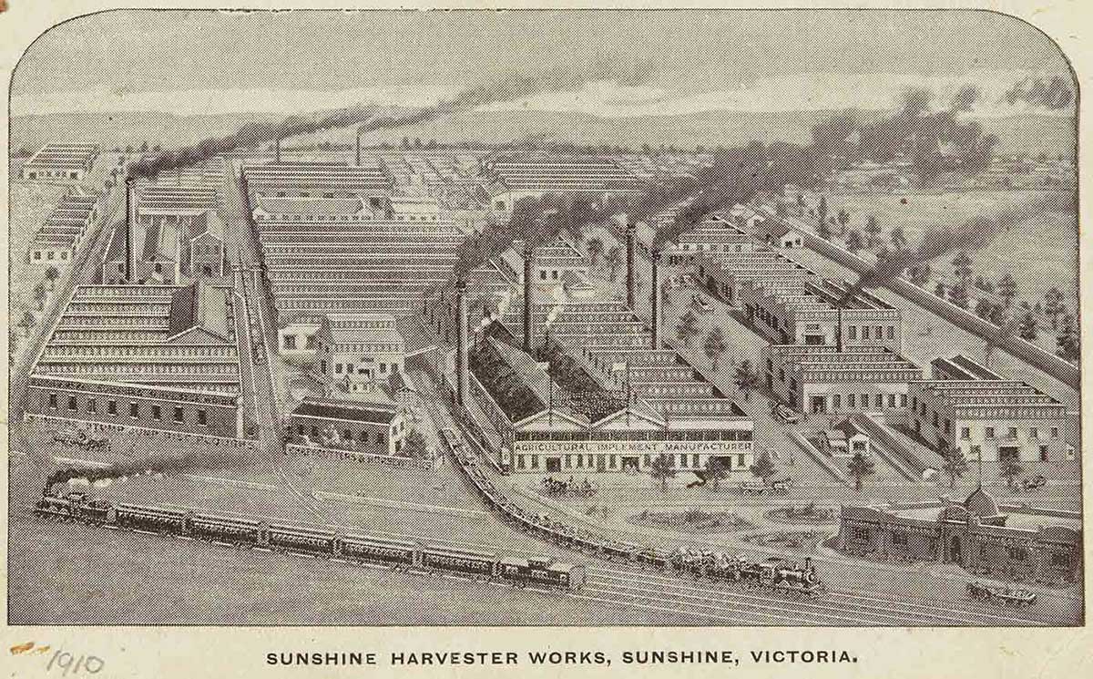 Postcard showing the exterior of the Sunshine Harvester Works. - click to view larger image