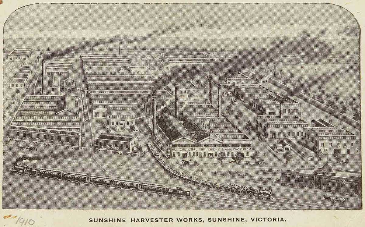 Postcard showing the exterior of the Sunshine Harvester Works.