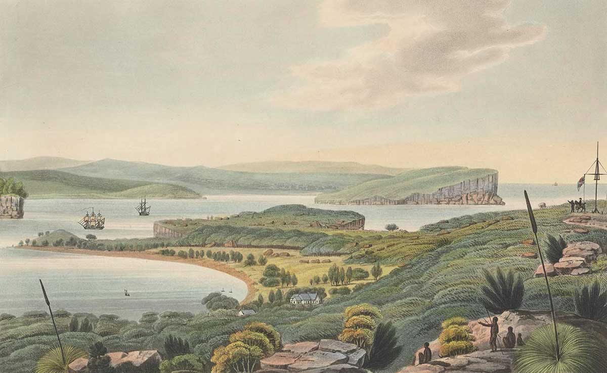 Watercolour of a verdant and unspoiled South Head with North Head in the distance. Aboriginal people are standing in the foreground.