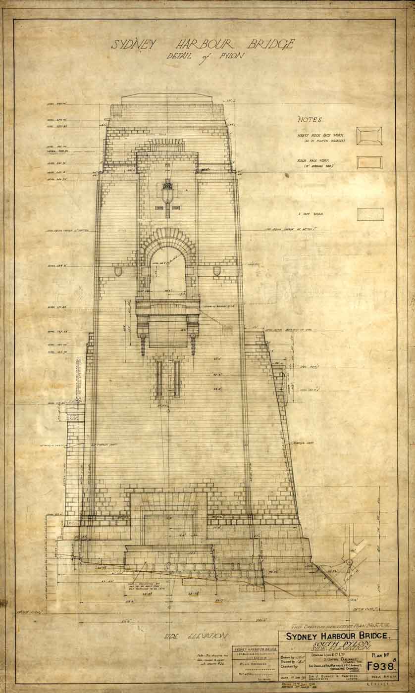 Detailed elevation plan showing a large tower with an archway in the middle at the level of the bridge’s deck. - click to view larger image
