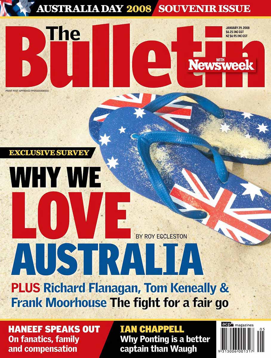 Cover of The Bulletin featuring a pair of thongs with the Australian flag design printed on the souls. - click to view larger image