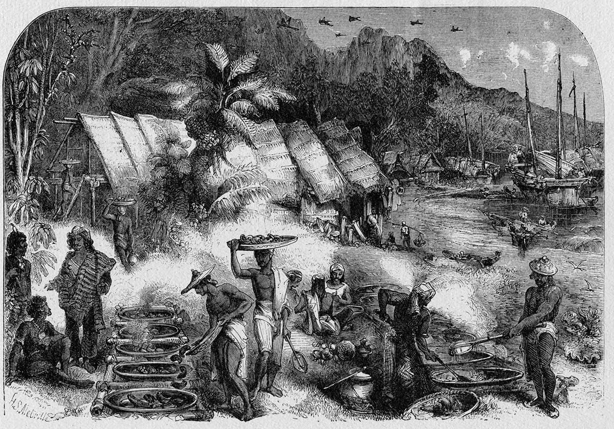 Black and white sketch showing two groups of people trading goods. Grass huts and a harbour form a backdrop.