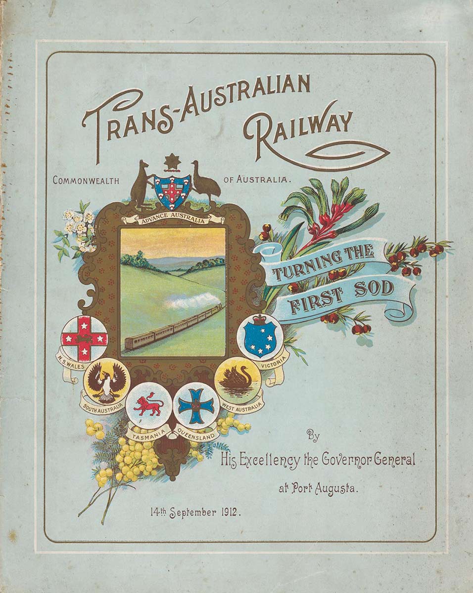 Colour, decorated program with drawing of a train steaming across green fields. - click to view larger image