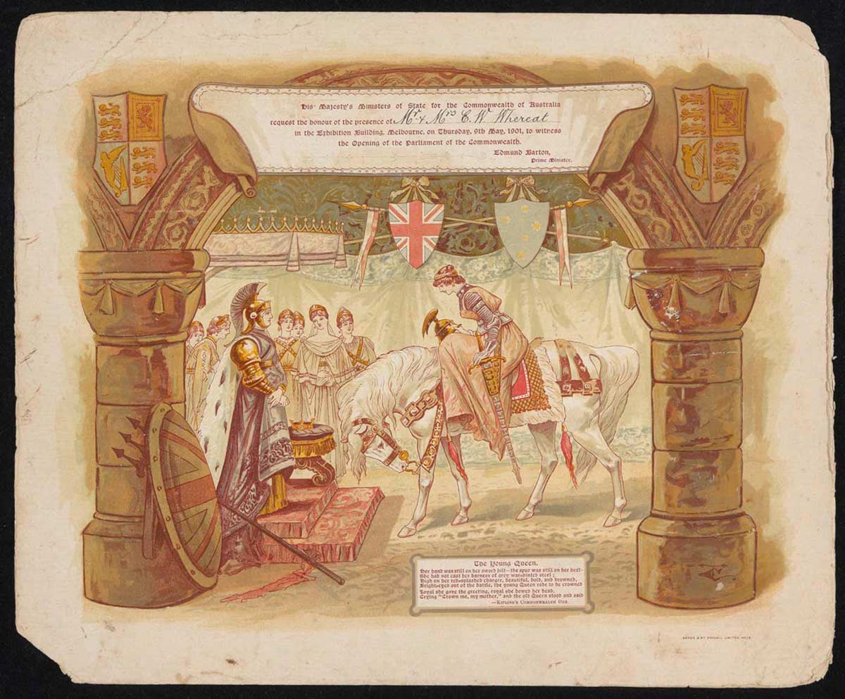 An invitation on board with an illustration of a woman on horseback bowing to a man dressed in ancient Roman robes and headdress. There are two shields in the background, one featuring the Union Jack and the other the Southern Cross. A group of people dressed in robes look on. There are blocks of text represented on a scroll and panel. - click to view larger image
