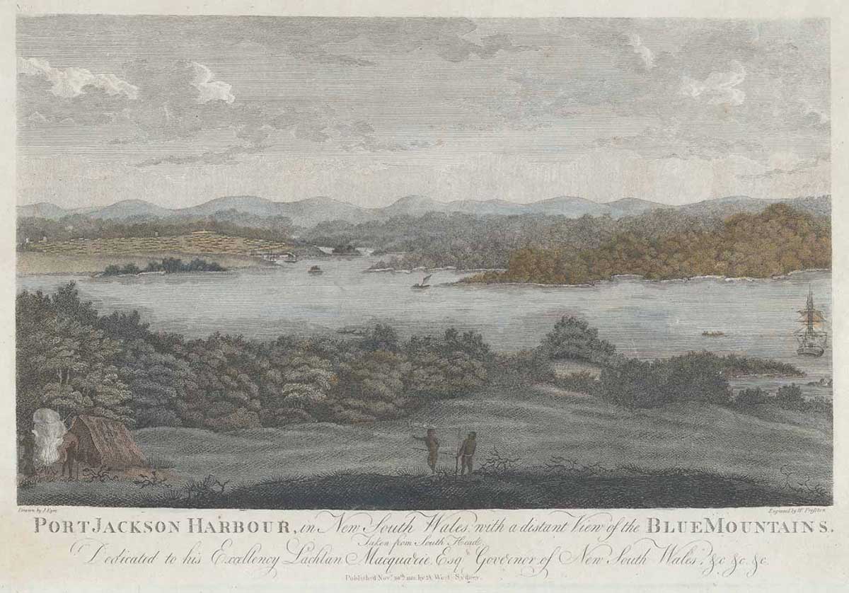 Colour print of Port Jackson harbour, with Indigenous people in the foreground and a sailing ship moored in the harbour.