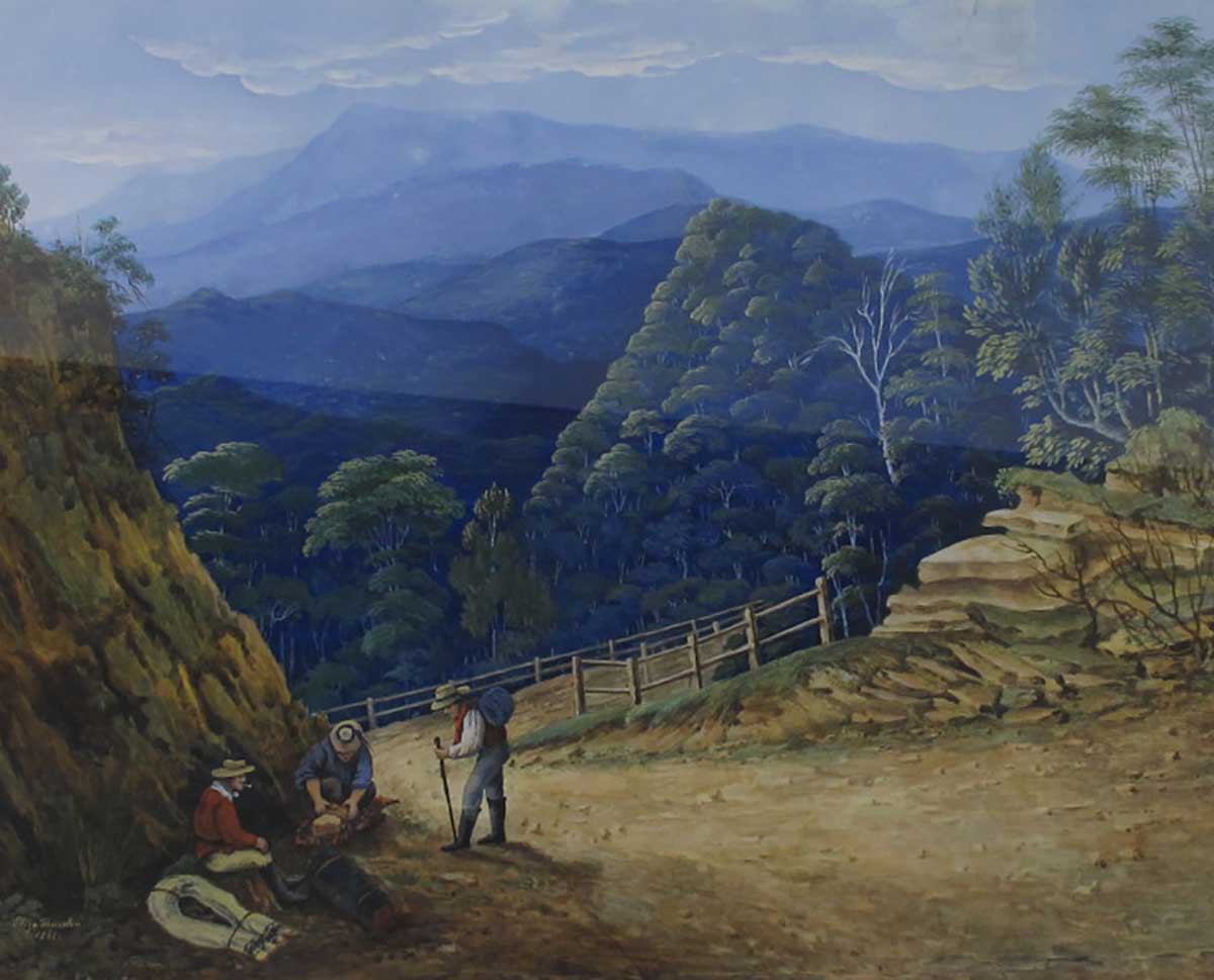 Painting of a mountainous landscape.