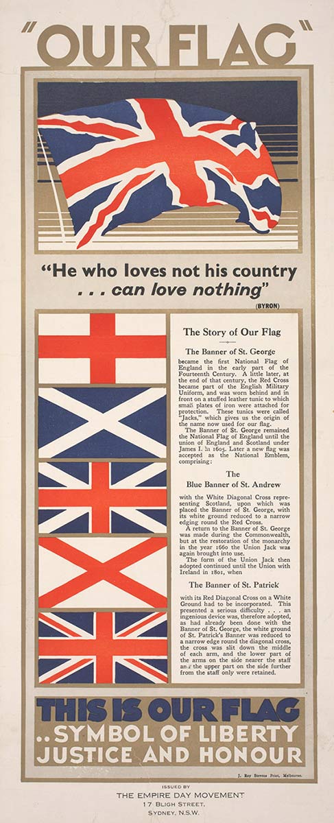 A colour lithograph poster mounted on linen. The poster features the Union Jack, and its flags of origin including the crosses of St George, St Andrews and St Patrick along with associated text. - click to view larger image