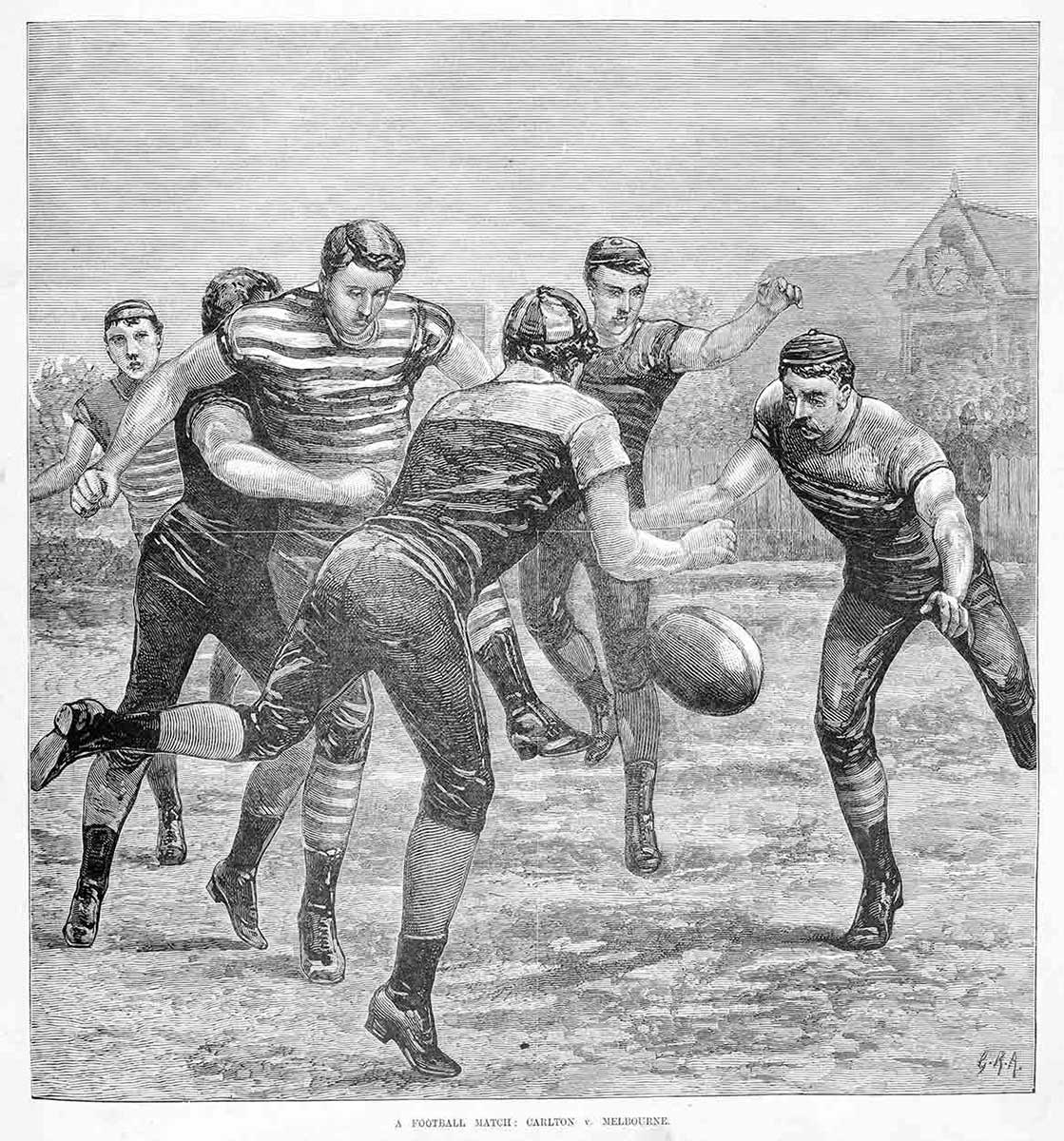 Illustration of a group of men playing football.