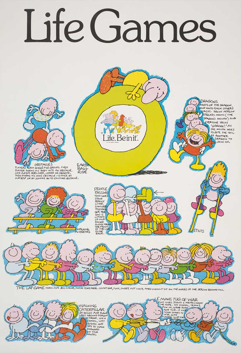Poster titled Life Games with cartoon drawings of people participating in games. - click to view larger image