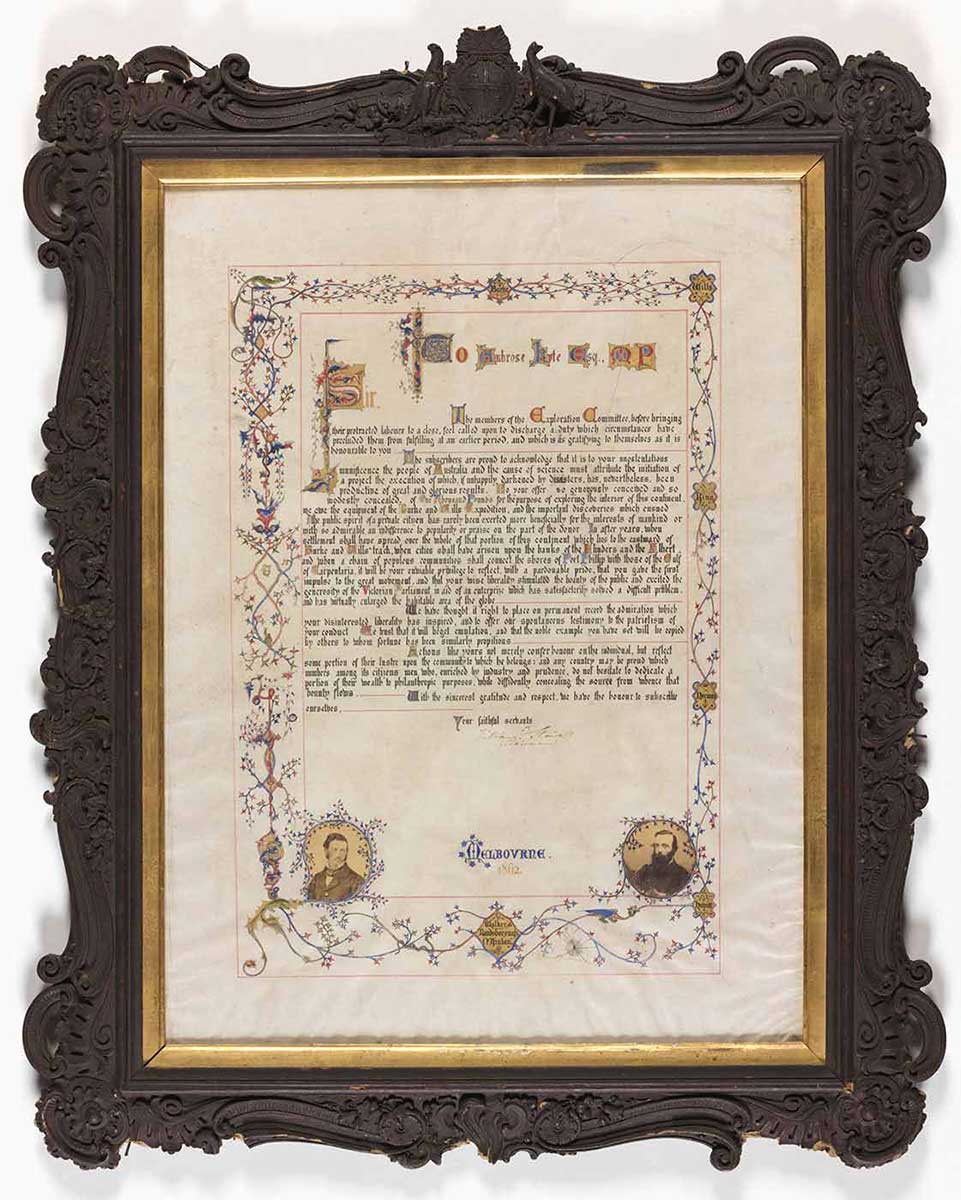 A framed manuscript, written in black ink and coloured paints recognising Ambrose Kyte's support of the Victorian Exploring Expedition.