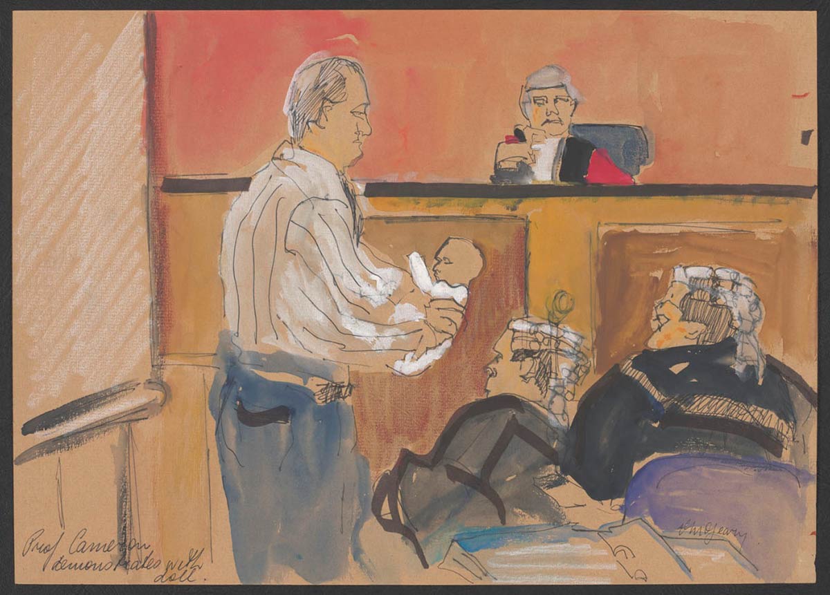 Drawing showing a courtroom scene with a man standing, in side profile, holding a small doll, with his hands wrapped around its back. The doll wears a long white bodysuit. A judge, wearing a wig and a red cape with black trim sits at the bench. Two laywers, wearing wigs and black robes sit to the right of the man holding the doll.