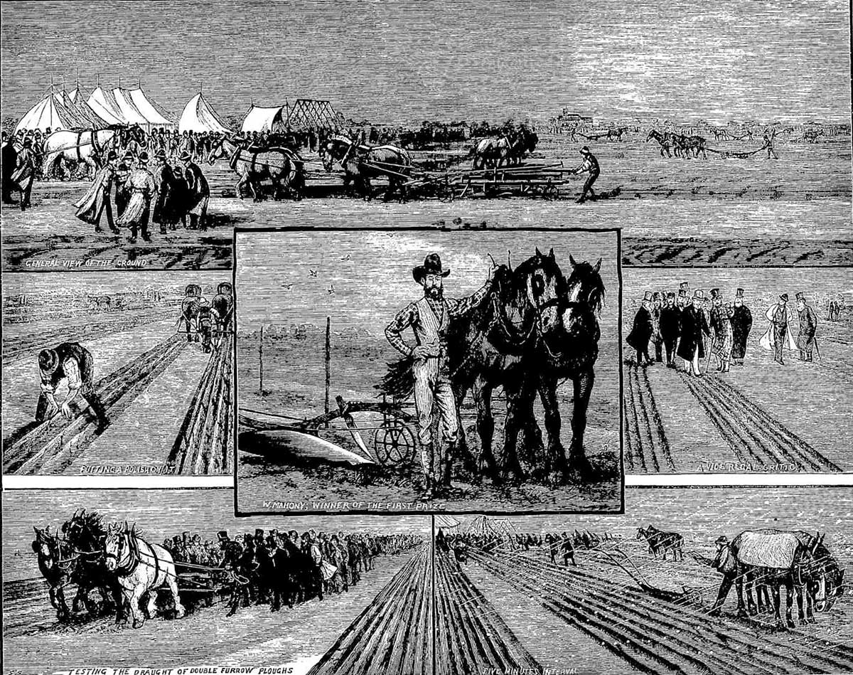 Black and white illustration of a ploughing match made up of a number of separately captioned images.