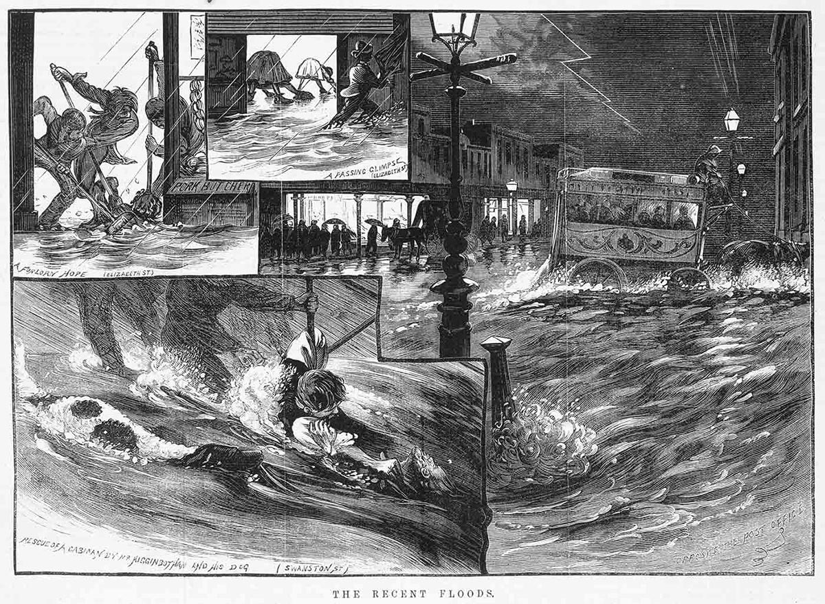 Compile of black and white sketches above printed text 'THE RECENT FLOODS'. The sketch bottom left shows a man clinging to a post in floodwater with a black and white dog in the water beside him. The top left sketch shows three figures mopping up water at a shop doorway. In a smaller inset at the centre top, two people inside a building lean down to mop up water while a person holding an umbrella walks along a flooded street outside. The main image, at the right, shows a horse and coach negotiating a flooded street.