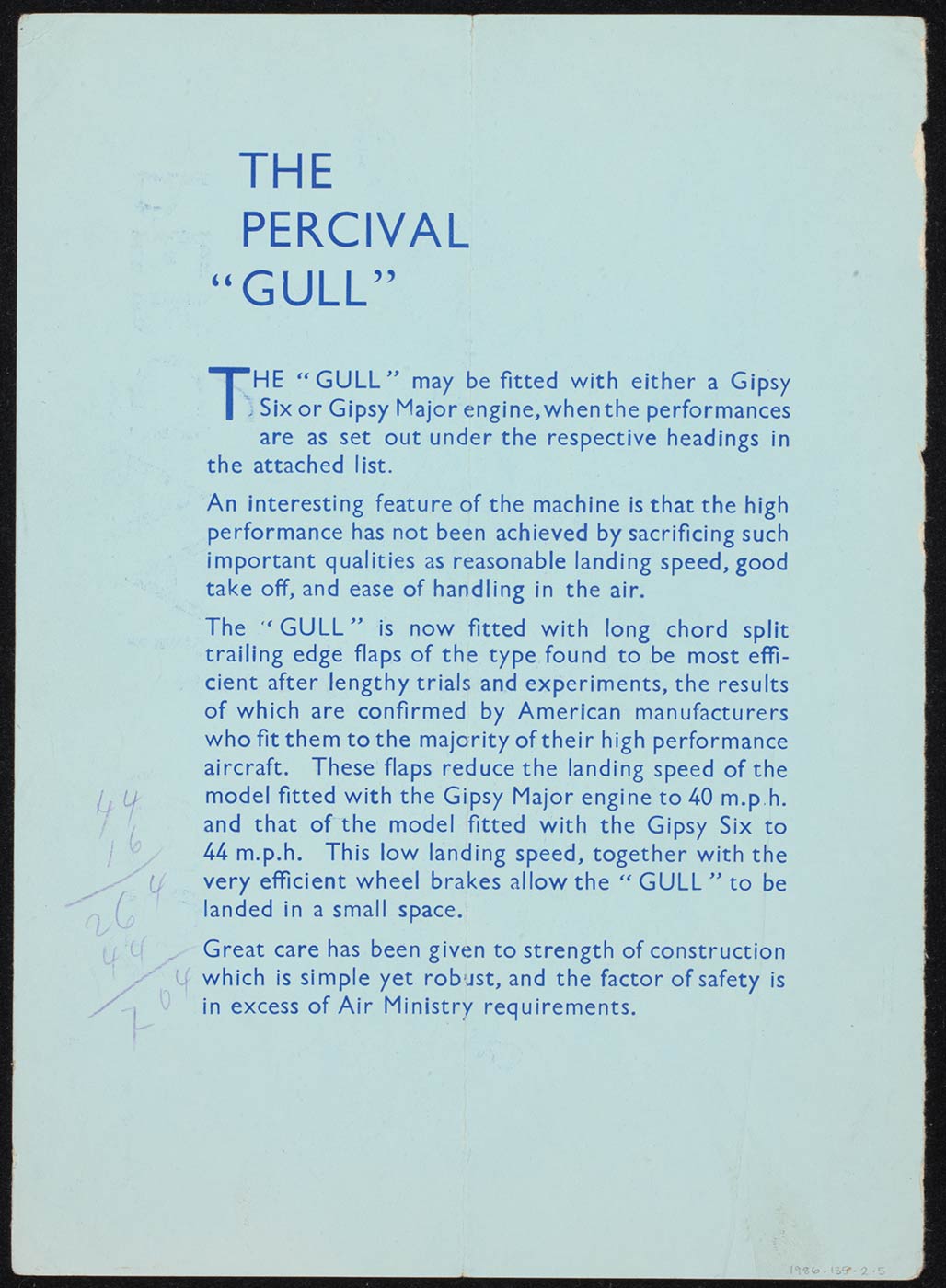 Copy of a pale blue advertising brochure for the Percival Gull aircraft. Text includes: 'The Gull may be fitted with either a Gipsy Six or Gipsy major engine, when the performances are set out under the respective headings in the attached list'. - click to view larger image
