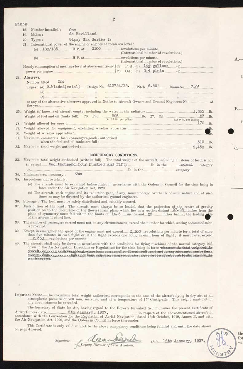 Copy of Page 2 of the Certificate of Airworthiness, listing details of the plane's engines, airscrew, weight and compulsory conditions. - click to view larger image