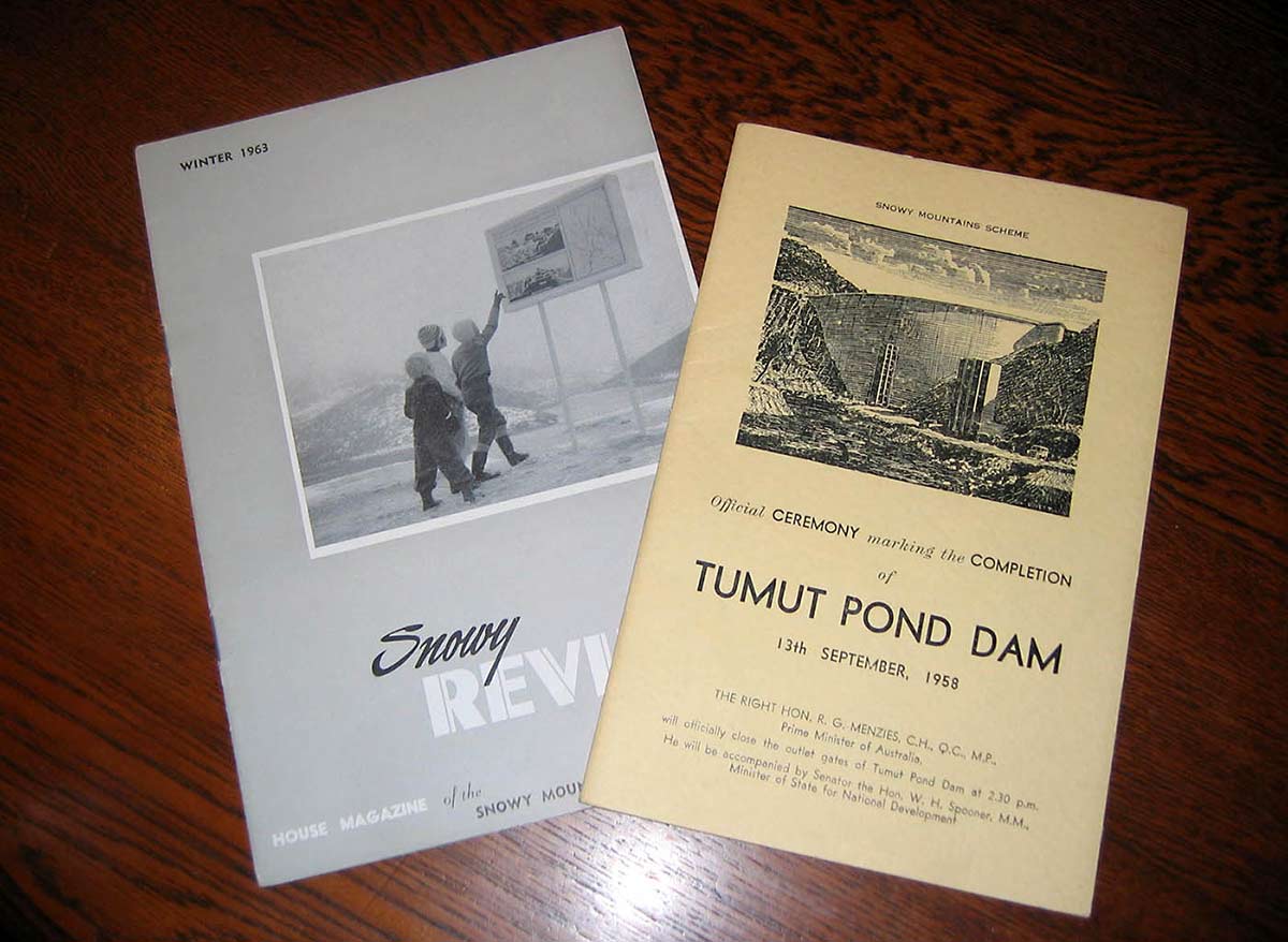 Covers of two publications. Left: Snowy Review, House Magazine of the Snowy Mountains, Winter 1963. Right: Official ceremony marking the completion of Tumut Pond Dam, 13th September, 1958.
