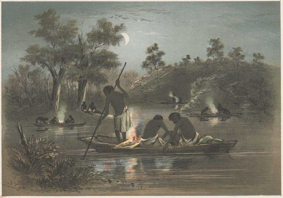 Watercolour painting of a night scene with people in wooden canoes on a calm lake. They appear to be fishing with campfires cooking fish on each boat. There are two figures sitting idly on the bank under a tree in the distance. - click to view larger image