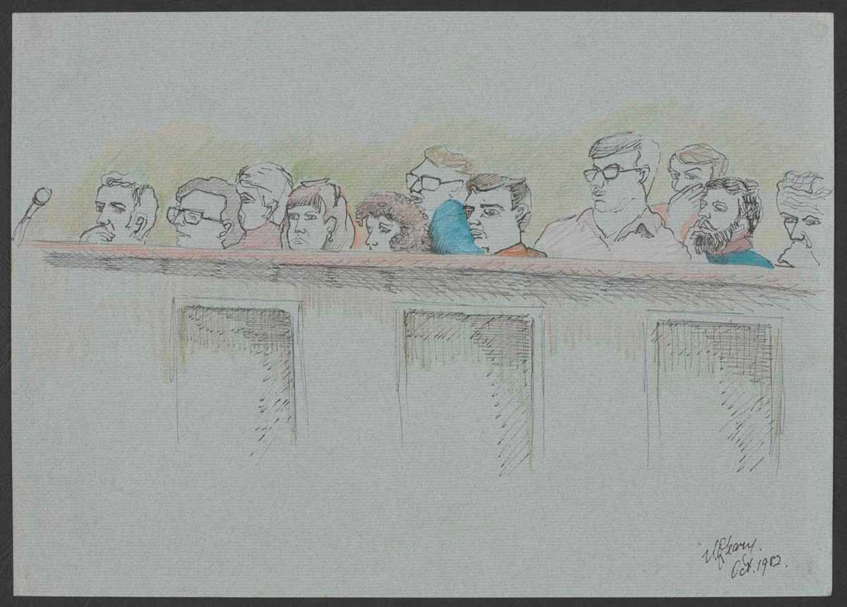 Coloured sketch showing 11 people's faces visible above a wooden jury box. The men and woman are looking to the left. - click to view larger image