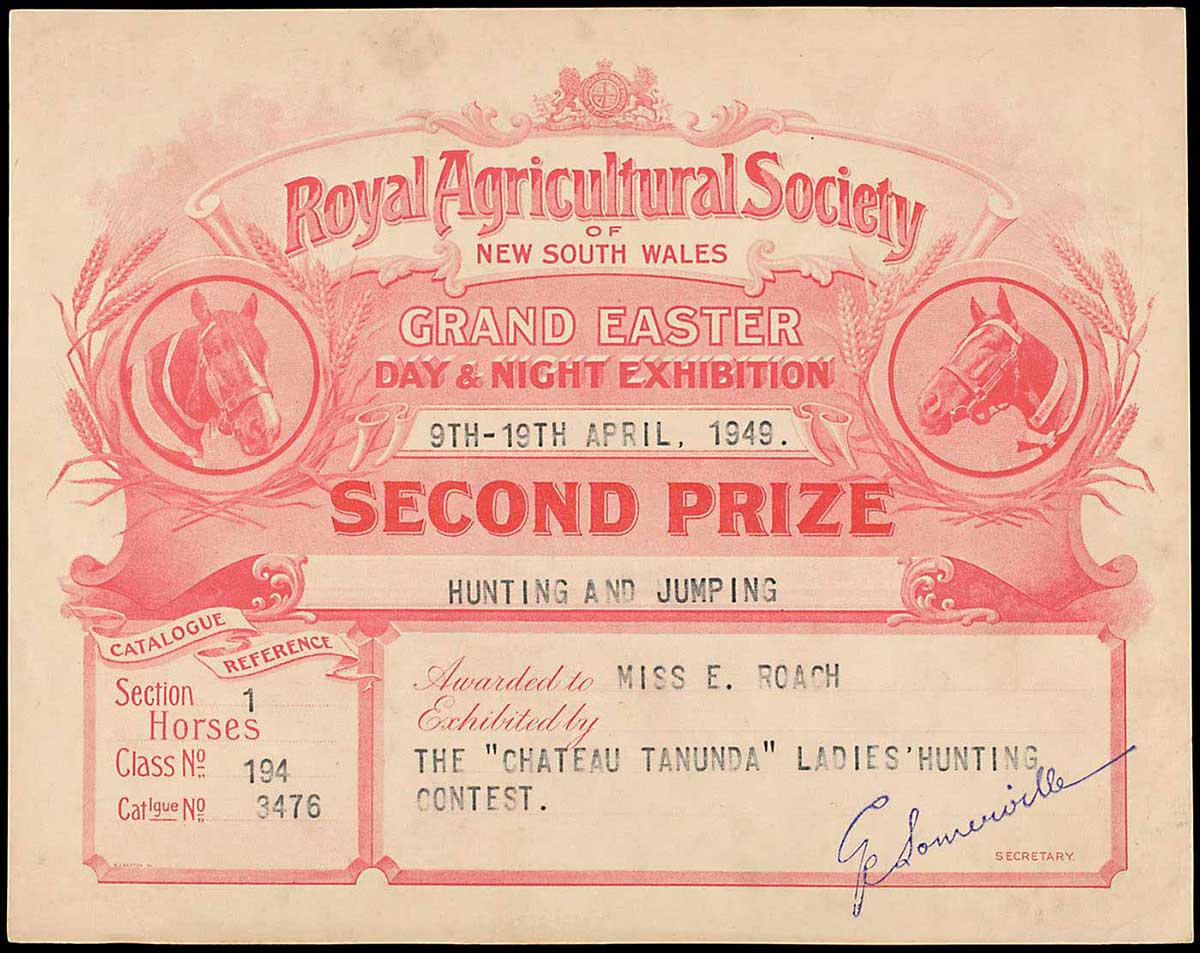 The Royal Agricultural Society of New South Wales Certificate for the 'Grand Easter Day & Night Exhibition, 9th-19th April, 1949' awarded to 'Miss E. Roach' in 'The 