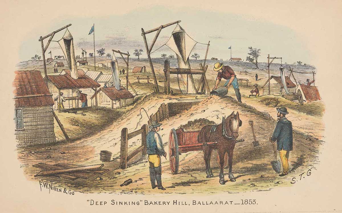A colour illustration of three men working at a gold mine. One man stands atop a pile, scooping dirt into a bucket and another stands watching, holding a shovel. A horse with loaded cart stands at centre, watched by a man with a whip resting on his shoulder. - click to view larger image