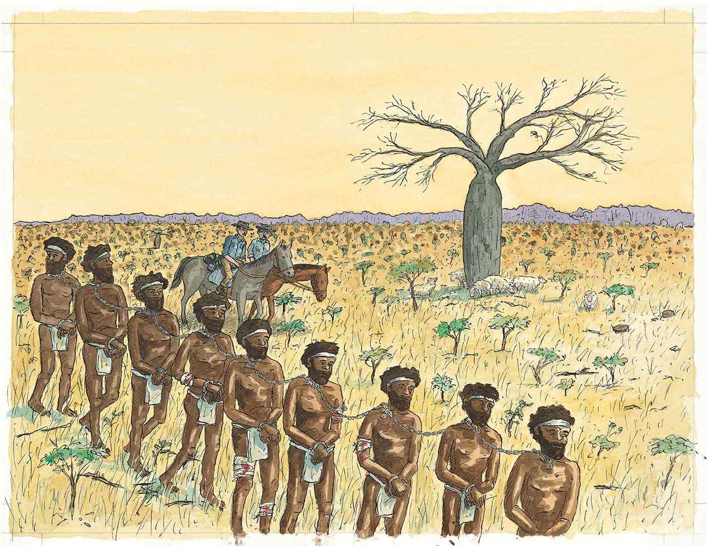 Colour illustration showing nine Aboriginal men chained at the neck, walking in single file. They wear white loin cloths and headbands. Two European policeman on horseback are to the right of the men. - click to view larger image
