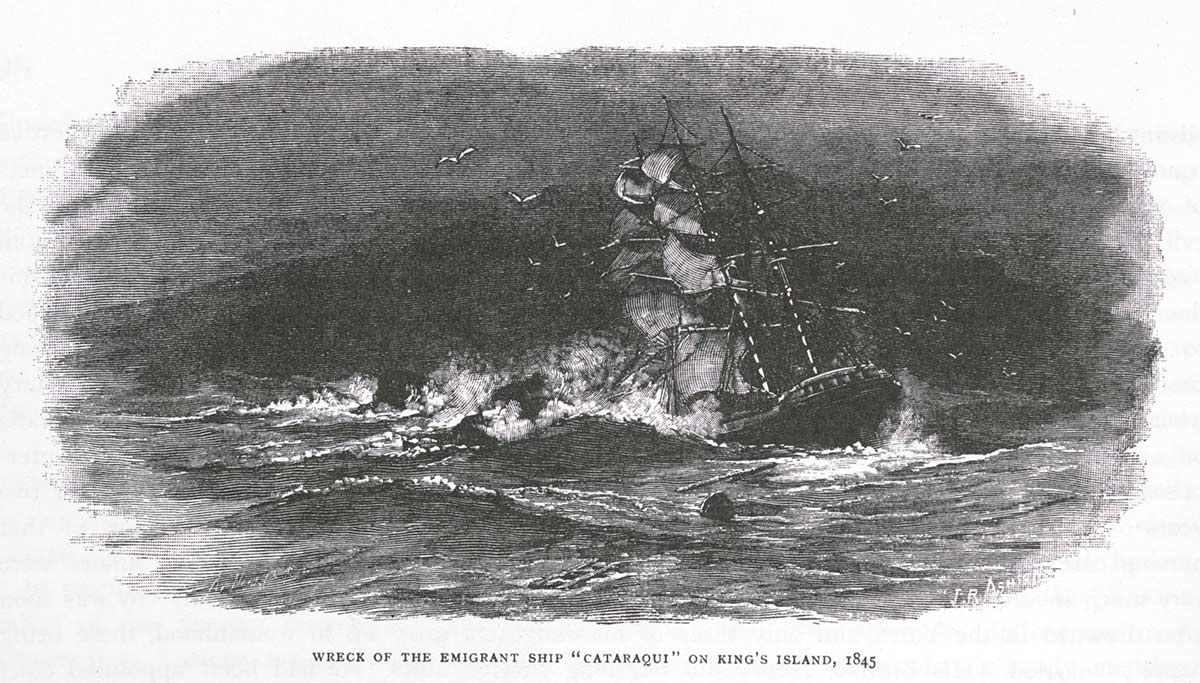etching showing a sailing ship hitting rocks in heavy seas