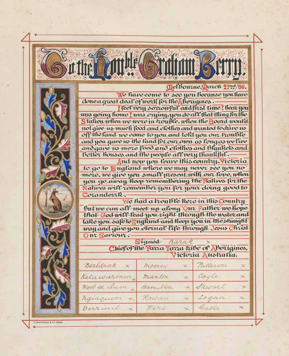 address presented by William Barak and fifteen Coranderrk residents to Graham Berry in1886 - click to view larger image