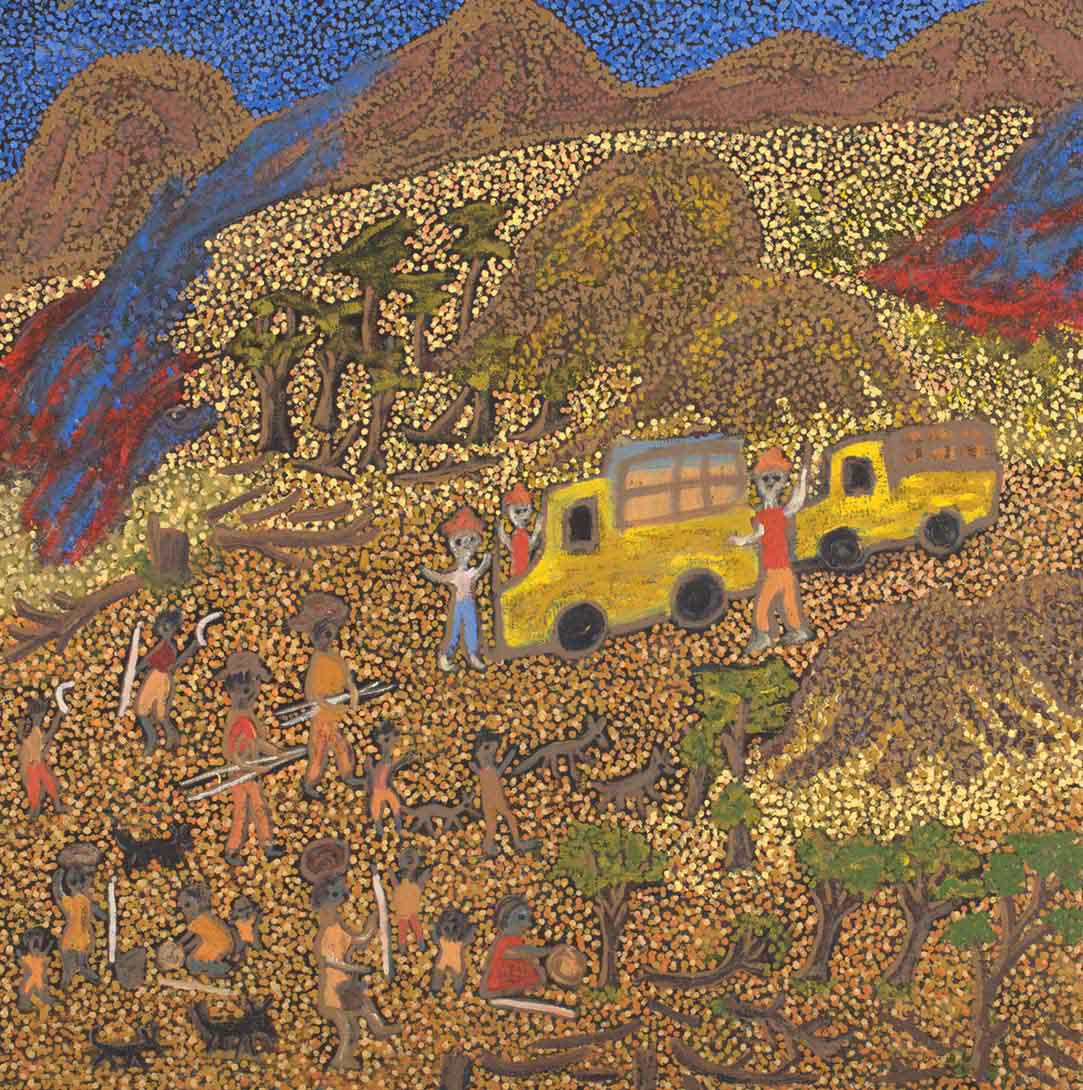 An acrylic painting on canvas showing a landscape made of dot infill with people, many of whom carry tools, and two yellow vehicles. - click to view larger image