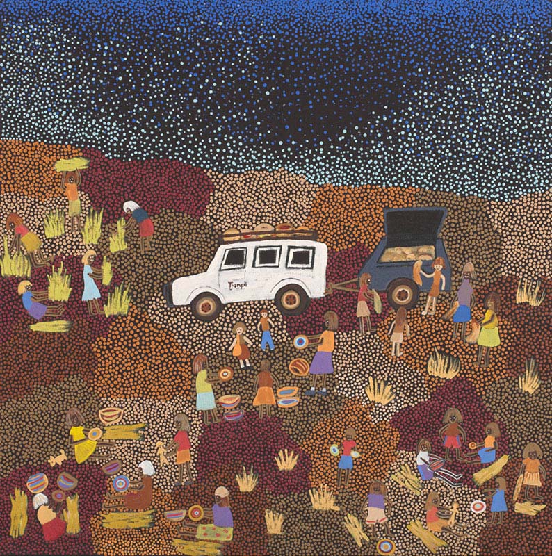 An acrylic painting on canvas showing people standing and seated around a white vehicle with a trailer. The background is made up of multi-coloured dot infill. - click to view larger image