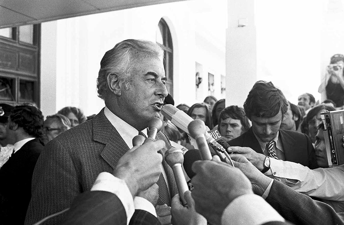 Gough Whitlam addressing the media outside Parliament House.