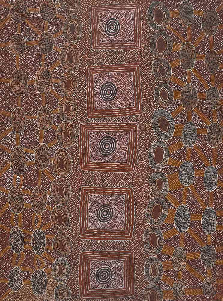 Aboriginal painting in ochre tones with a series of connected circles on either side and a central row of circles inside squaares - click to view larger image