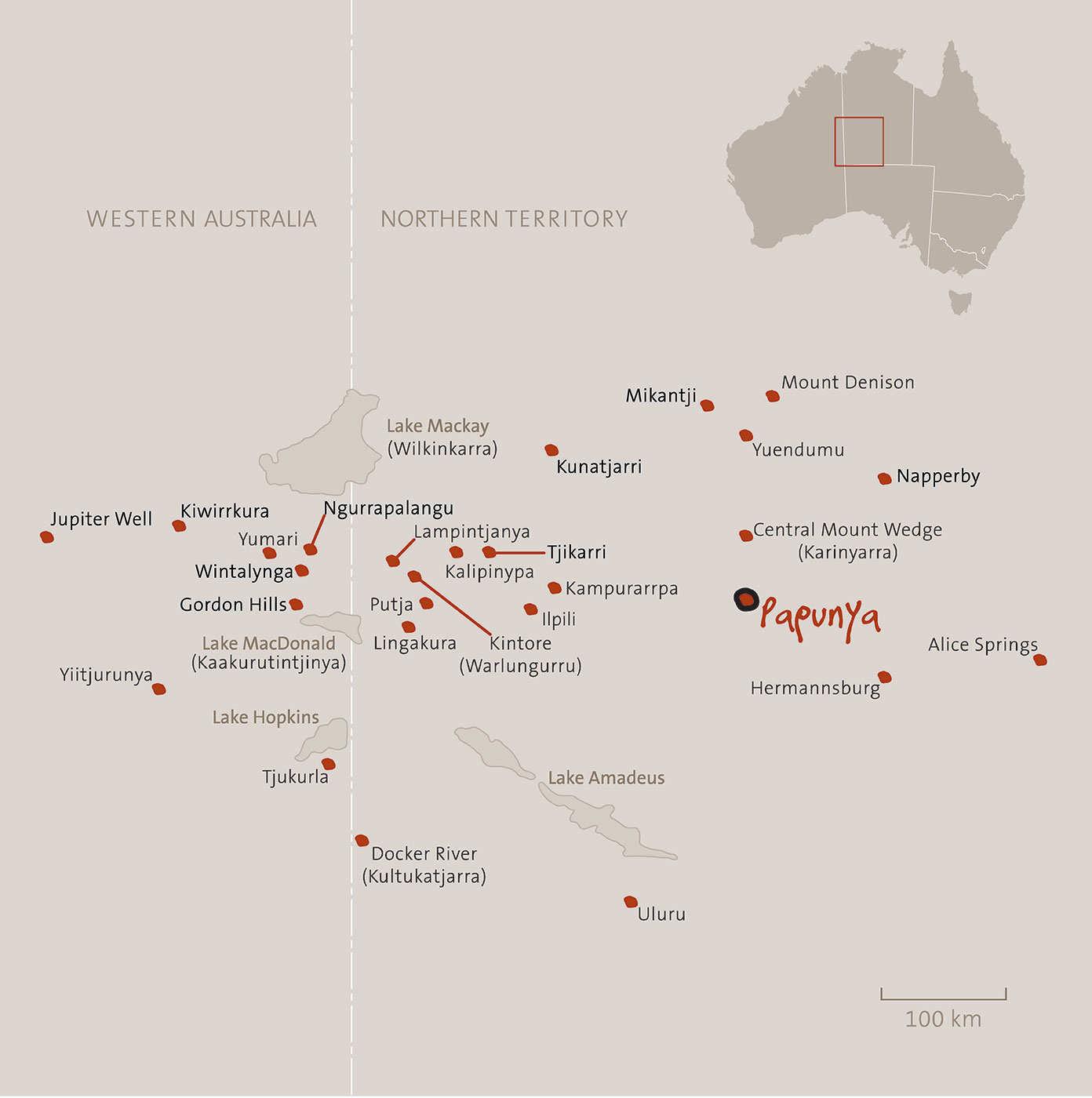 Map of Australia indicating the location of Papunya plus a detailed section that shows sites of significance in the area.