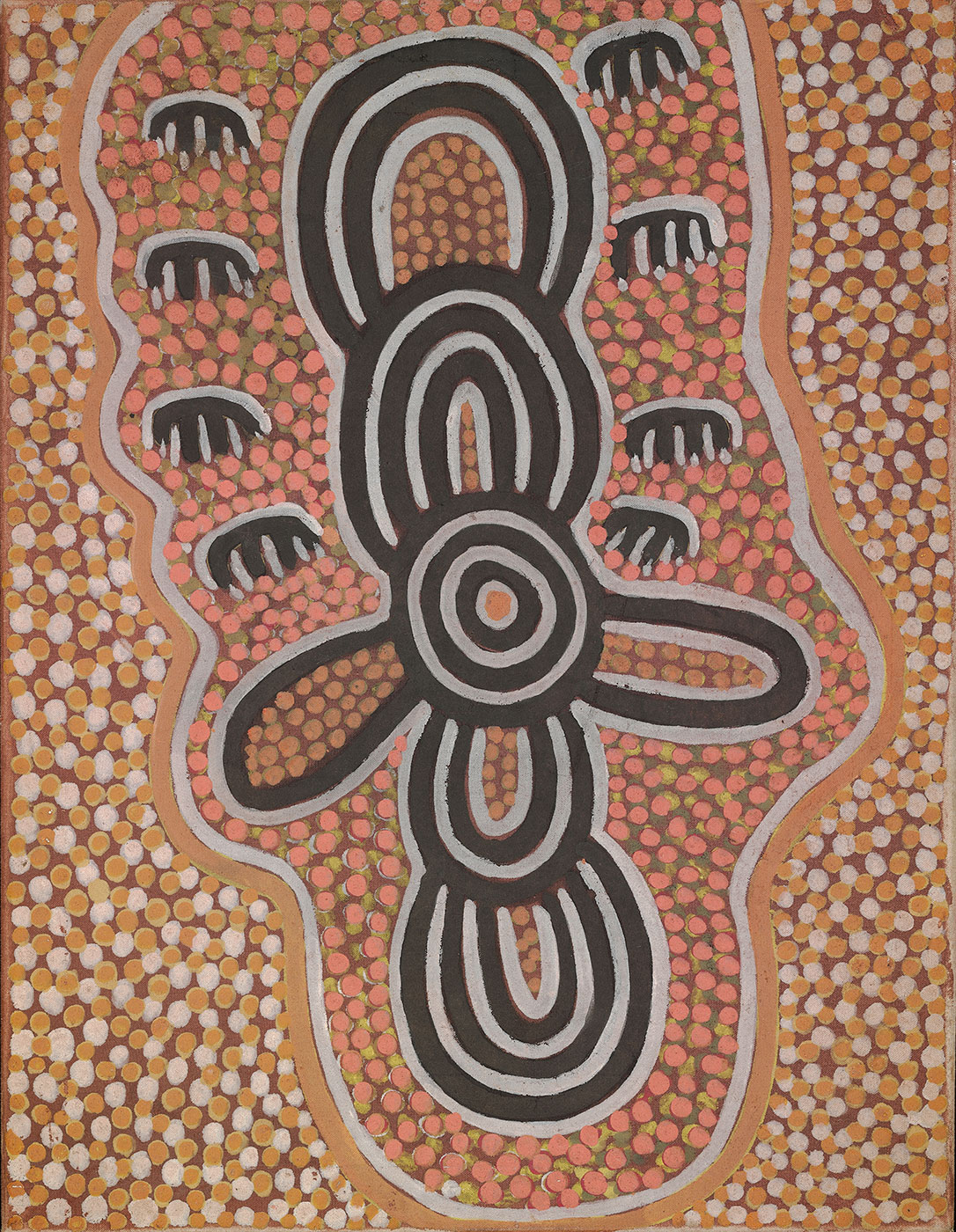 Flying Dingoes 1974 by Mick Namararri Tjapaltjarri. - click to view larger image