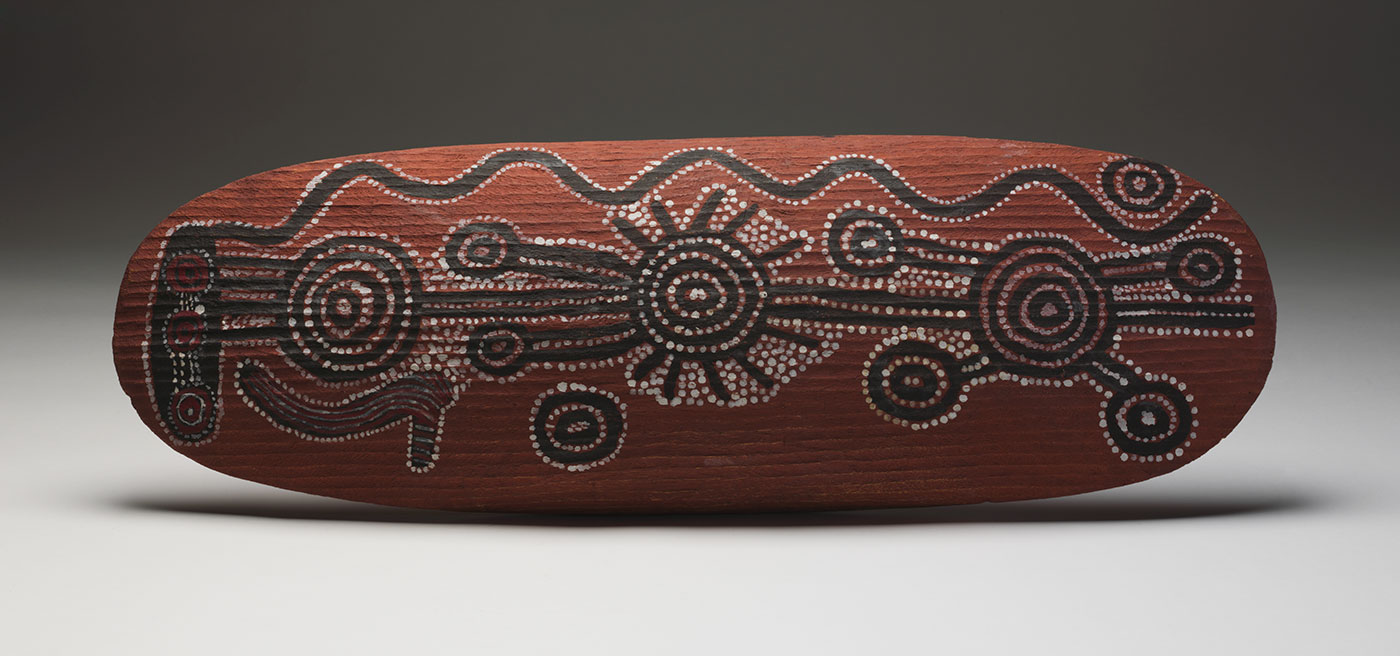 Old Man Dreaming shield 1972 by Uta Uta (Wuta Wuta) Tjangala. - click to view larger image