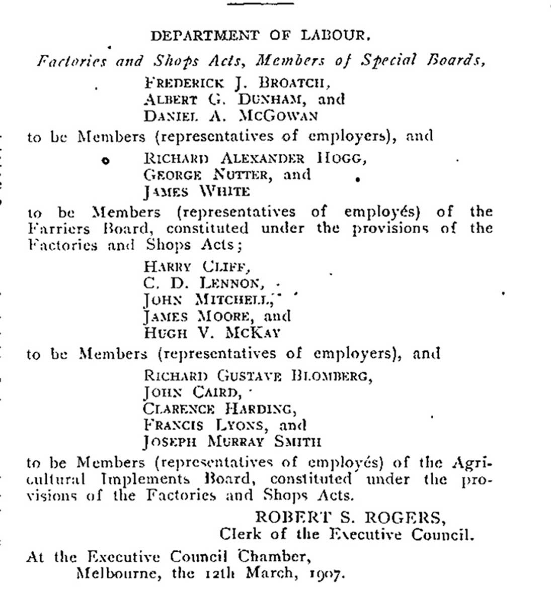 List of members of the Agricultural Implements Wages Board, 1907. - click to view larger image