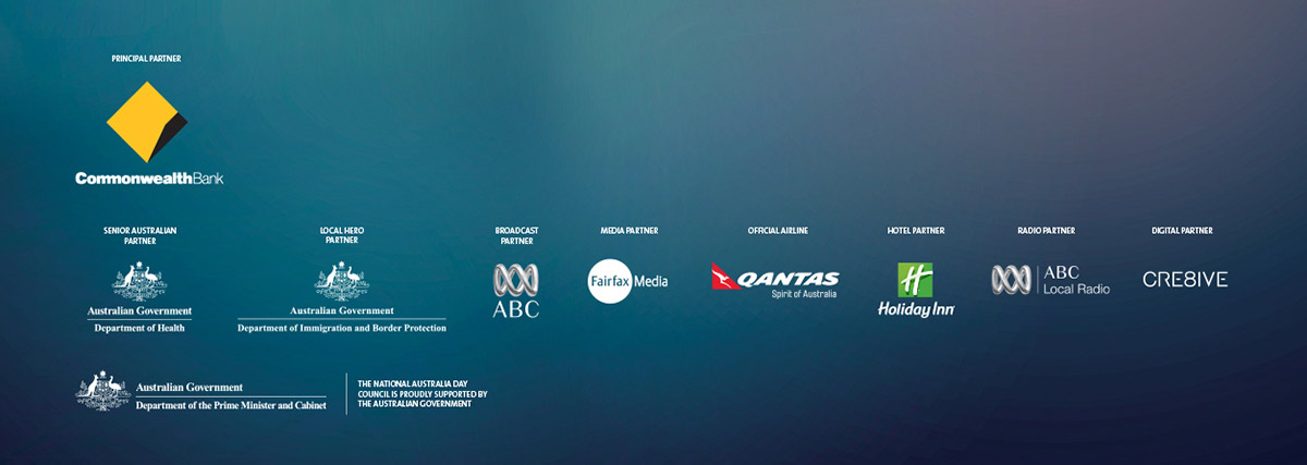 Logos of organisations supporting Australian of the Year 2017 including Commonwealth Bank, Australian Government Department of Health, Australian Government Department of Immigration and Border Protection, ABC, Fairfax Media, Qantas, Holiday Inn, ABC, CRE8IVE, Australian Government Department of the Prime Minister and Cabinet and The Australian Government.