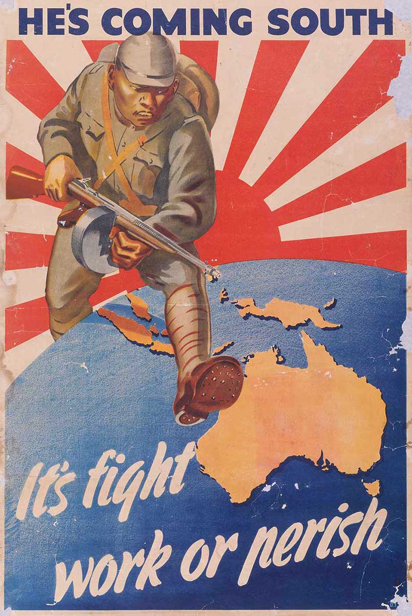 Propaganda poster showing Japanese soldier holding armed gun, running towards the continent of australia. - click to view larger image