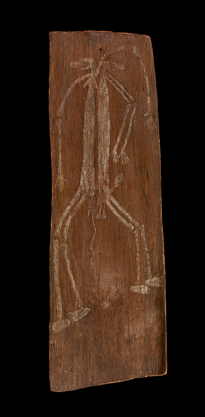 A bark painting of a human figure in white pigment on a dark background. - click to view larger image