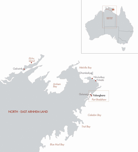 Enlarged map detail illustrating the location of Yalangbara on the eastern coast of north-east Arnhem land. The detail has an inset map of Australia illustrating the location of Yalangbara within the Northern Territory.